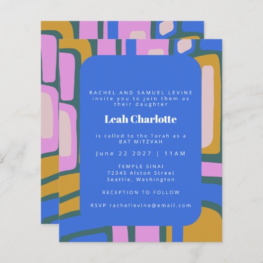 Budget Groovy Abstract Blue Bat Mitzvah Invite (Voorkant / Achterkant)