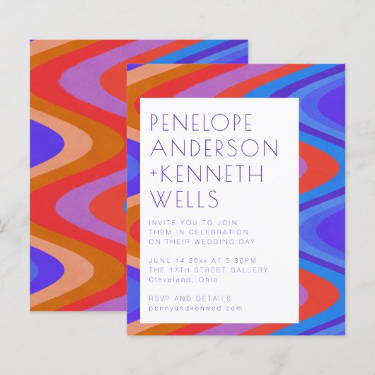 Budget Groovy Curvy Lines Blue Red Wedding Invite (Voorkant / Achterkant)