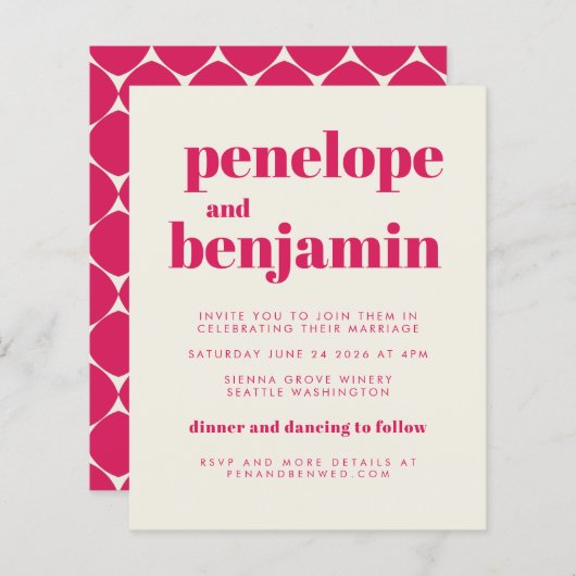 Budget Groovy Hot Pink All-in-One Wedding Invite (Voorkant / Achterkant)