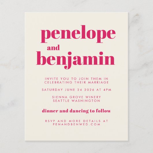 Budget Groovy Hot Pink All-in-One Wedding Invite (Voorkant)