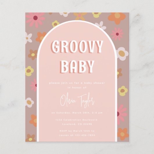 Budget Groovy Retro Meisje Baby shower Uitnodiging (Voorkant)