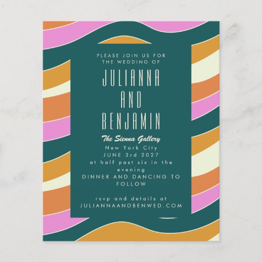 Budget Groovy Retro Pink Green Wavy Lines Weddensc (Voorkant)