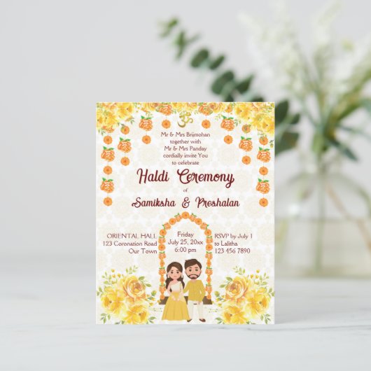 Budget Haldi Indiase bruiloft uitnodiging sjabloon (Staand voorkant)