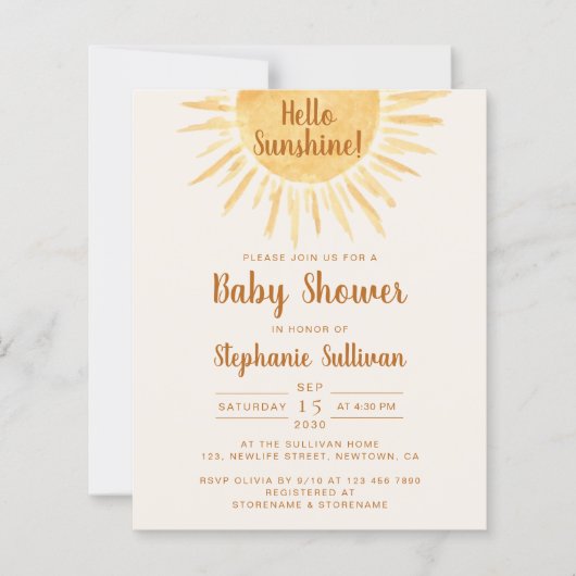 Budget Hallo Sunshine Boho Baby shower Uitnodiging (Voorkant)
