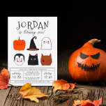 Budget Halloween Friends Modern Boy Birthday Party<br><div class="desc">Dit moderne ontwerp kenmerkt de naam van de verjaardagsjongen in grote hoofdletters in een van mijn favoriete decoratieve lettertypen, hieronder, zijn leeftijd komt voor in een schattige scripttypografie. Onderaan, midden op de kaart, zijn er 6 Halloween vrienden: een pompoen, een vampier, een pet van een heks, een zwarte kat, een...</div>