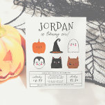 Budget Halloween Friends Modern Boy Birthday Party<br><div class="desc">Dit moderne ontwerp kenmerkt de naam van de verjaardagsjongen in grote hoofdletters in een van mijn favoriete decoratieve lettertypen, hieronder, zijn leeftijd komt voor in een schattige scripttypografie. Onderaan, midden op de kaart, zijn er 6 Halloween vrienden: een pompoen, een vampier, een pet van een heks, een zwarte kat, een...</div>