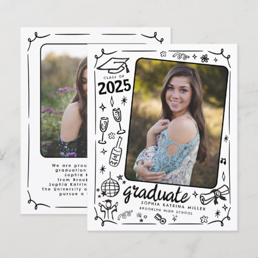 Budget Hand Drawn Foto Afstuderen Aankondiging (Voorkant / Achterkant)