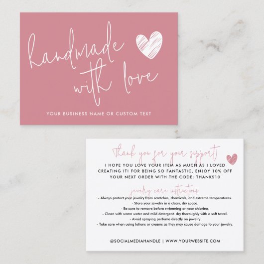 Budget Handgemaakt met Liefde Roze Bedankt Sierade Visitekaartje (Voorkant / Achterkant)