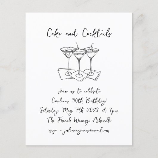 Budget Handgeschreven Cakes Cocktails Verjaardagsf (Voorkant)