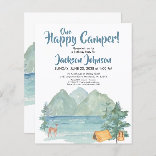 Budget Happy Camper Rustic Mountains Birthday (Voorkant / Achterkant)