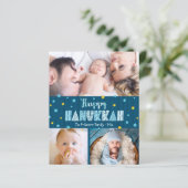 Budget Happy Hanukkah 3 Foto Blue Gold Stars Kaart (Staand voorkant)