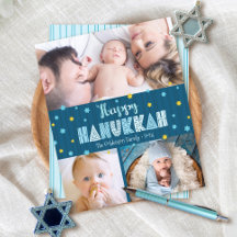 Budget Happy Hanukkah 3 Foto Blue Gold Stars Kaart