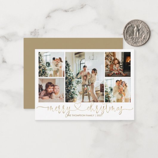 BUDGET Hart Script Goud Kerstmis 5 Foto Notitiekaartje (Voorkant / Achterkant in situ)