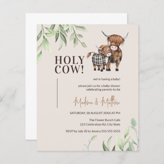 Budget Heilige Koe Greenery Rustic Baby shower nod (Voorkant / Achterkant)