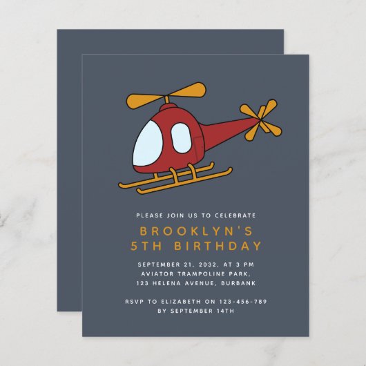 Budget Helikopter Boy's Birthday Party Invitation (Voorkant / Achterkant)