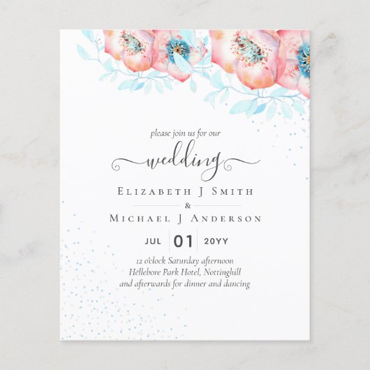BUDGET Hellebore Turquoise Perzik Bloem Bruiloft Flyer (Voorkant)