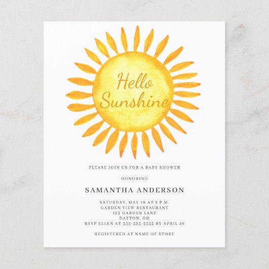 Budget Hello Sunshine Baby Shower Uitnodiging Flyer (Voorkant)