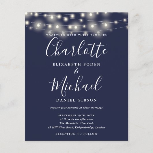 Budget Herenzenuwblauwe Lichten Foto Trouw Uitnodi (Voorkant)