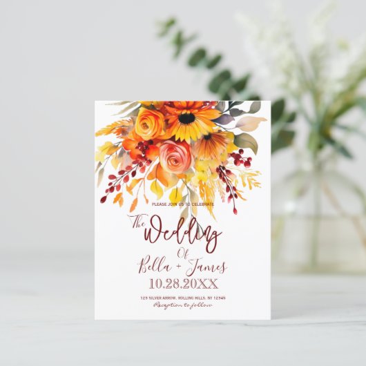 Budget herfst bloemen bladeren bruiloft uitnodigin (Staand voorkant)