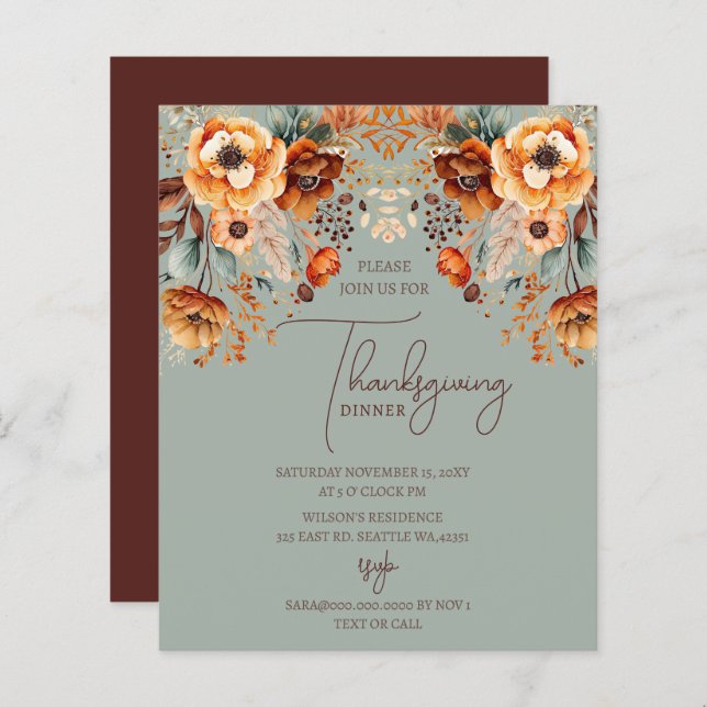 Budget Herfst Bloemen Thanksgiving Diner Uitnodigi (Voorkant / Achterkant)