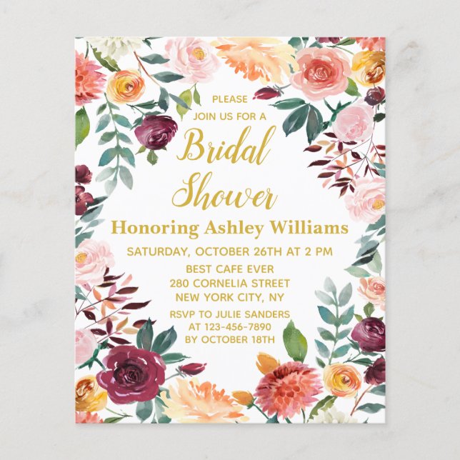 Budget Herfst Boho Bloemen Bruids Douche Uitnodigi (Voorkant)
