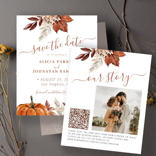 Budget herfst bruiloft foto QR save the date