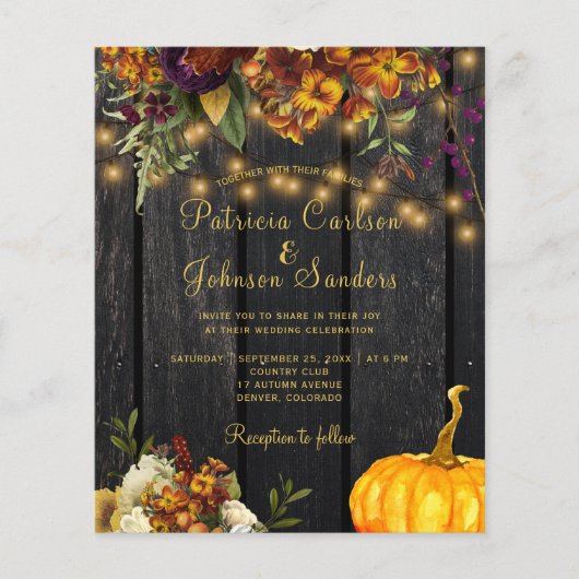 BUDGET herfst floral bruiloft barnsteenhoutuitnodi (Voorkant)