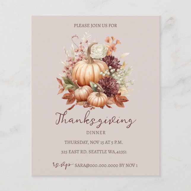 Budget Herfst Floral Pumpkins Thanksgiving Invite (Voorkant)