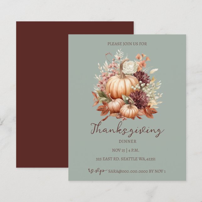 Budget Herfst Floral Pumpkins Thanksgiving Invite (Voorkant / Achterkant)