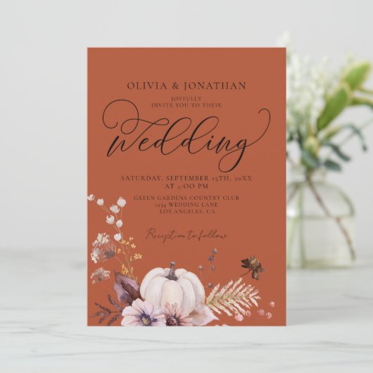 Budget Herfst Floral Terracotta QR Code RSVP Bruil Kaart (Staand voorkant)