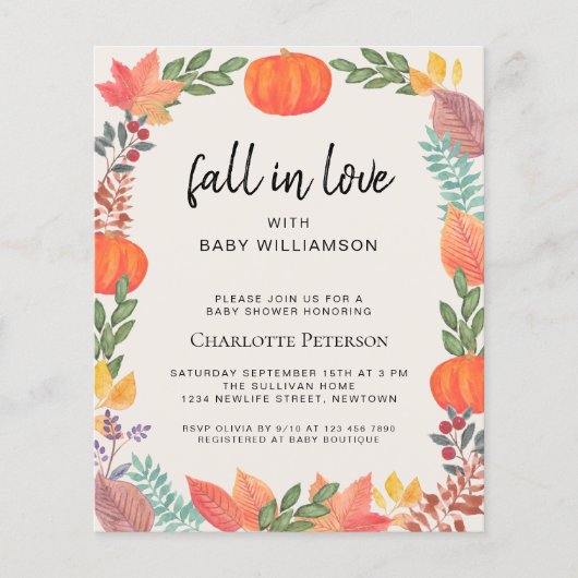 Budget Herfst in Love Pumpkin Baby shower Invitati (Voorkant)