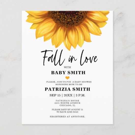 Budget Herfst in Love Sunflower Baby shower Invite (Voorkant)