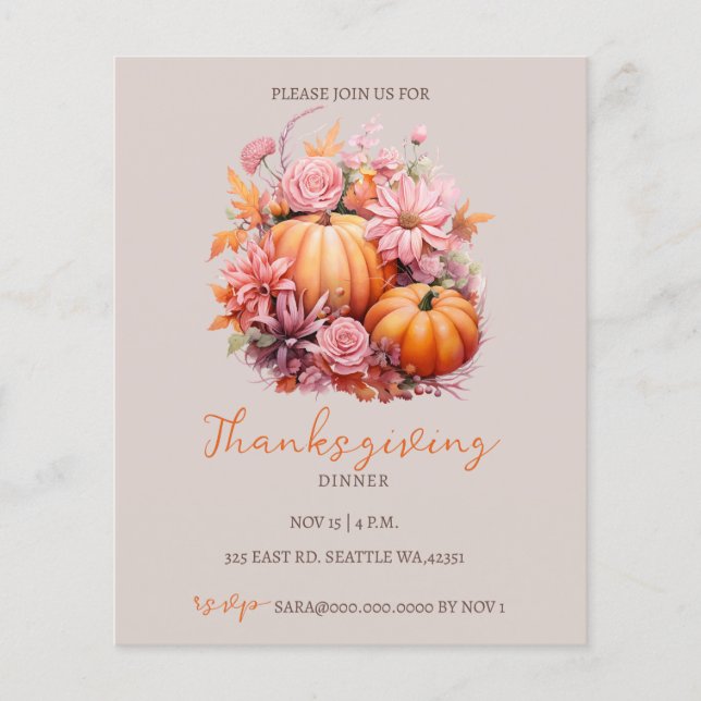Budget Herfst Pompoenen Thanksgiving Diner Invite (Voorkant)
