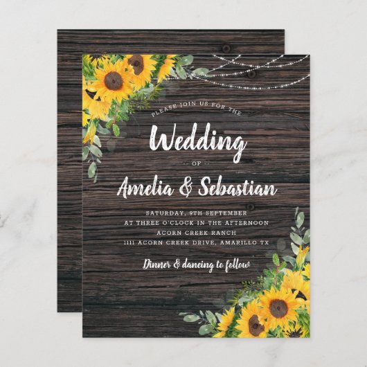 BUDGET Herfst Wood Sunflower Weduwuitnodiging (Voorkant / Achterkant)