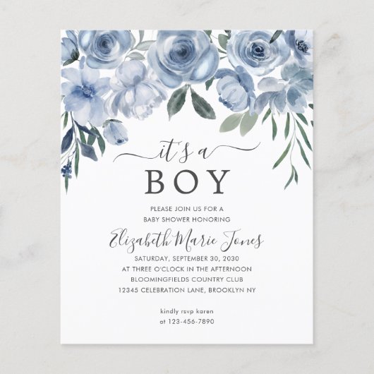 Budget Het is een Boy Dusty Blue Floral Baby showe (Voorkant)