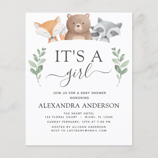 Budget Het is een Girl Baby shower Woodland Greene Flyer (Voorkant)