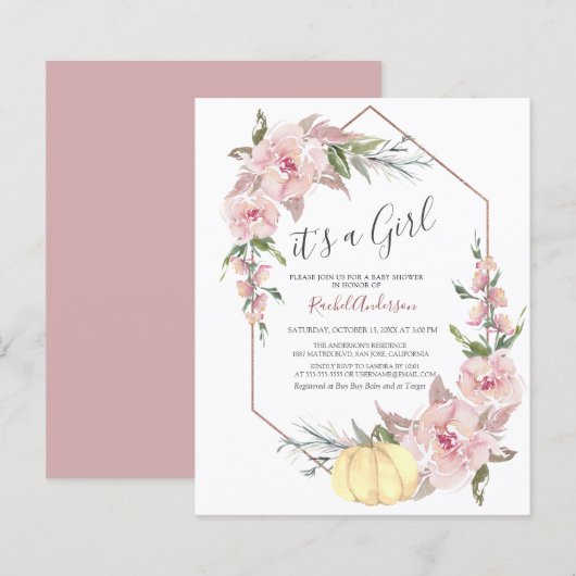 Budget Het is een Girl Pumpkin Baby shower Uitnodi (Voorkant / Achterkant)