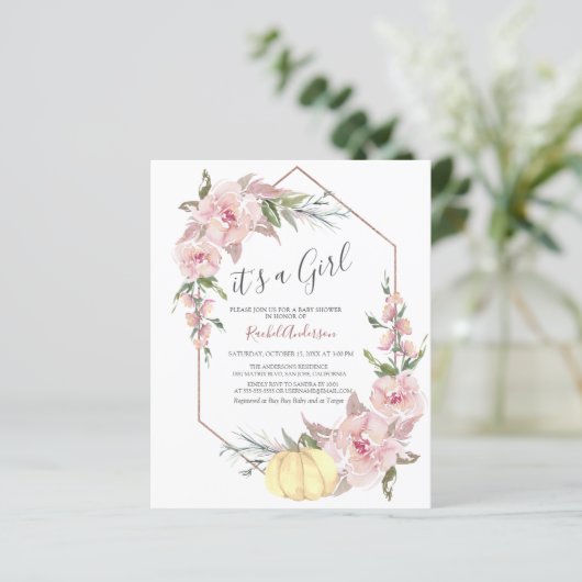 Budget Het is een Girl Pumpkin Baby shower Uitnodi (Staand voorkant)