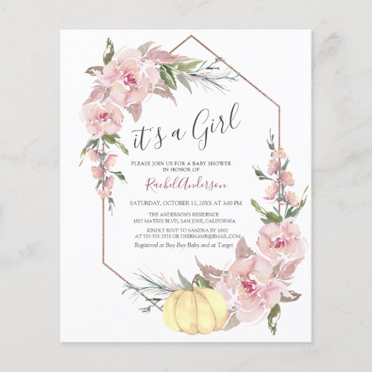 Budget Het is een Girl Pumpkin Baby shower Uitnodi (Voorkant)