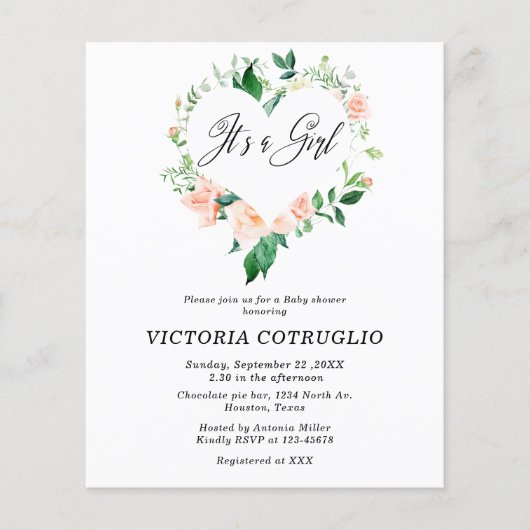 Budget Het is een meisje perzik Baby shower (Voorkant)