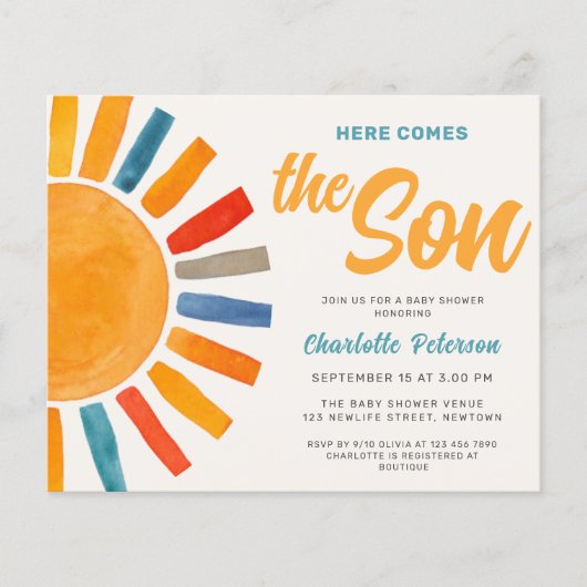 Budget Hier komt de Son Baby shower Invitation (Voorkant)