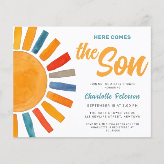 Budget Hier komt de Son Baby shower Invitation (Voorkant)