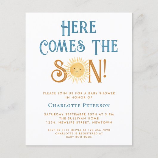 Budget hier komt de Son Baby shower uitnodiging (Voorkant)