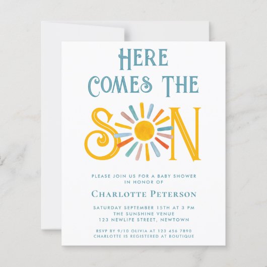 Budget hier komt de Son Baby shower uitnodiging (Voorkant)