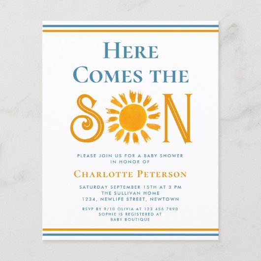 Budget hier komt de Son Baby shower uitnodiging (Voorkant)