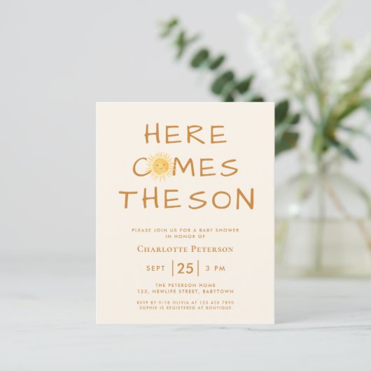 Budget hier komt de Son Baby shower uitnodiging (Staand voorkant)