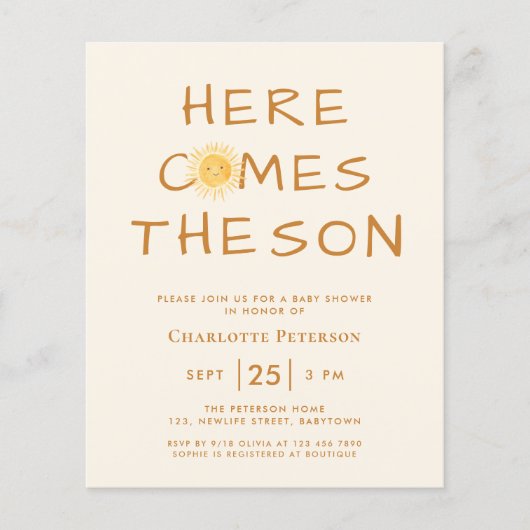Budget hier komt de Son Baby shower uitnodiging (Voorkant)