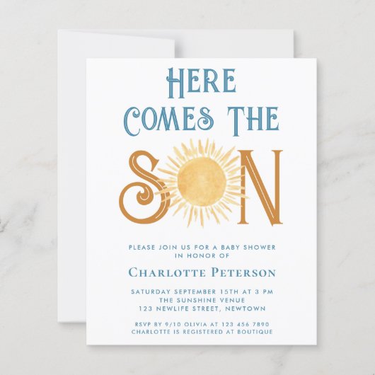 Budget hier komt de Son Baby shower uitnodiging (Voorkant)