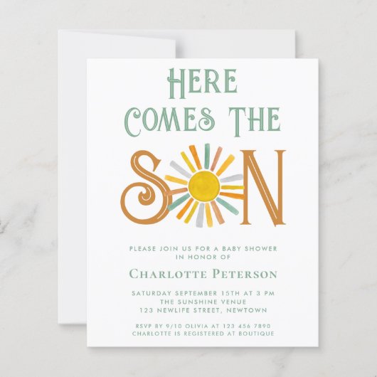 Budget hier komt de Son Baby shower uitnodiging (Voorkant)