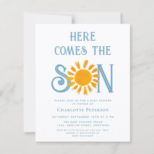 Budget hier komt de Son Baby shower uitnodiging (Voorkant)